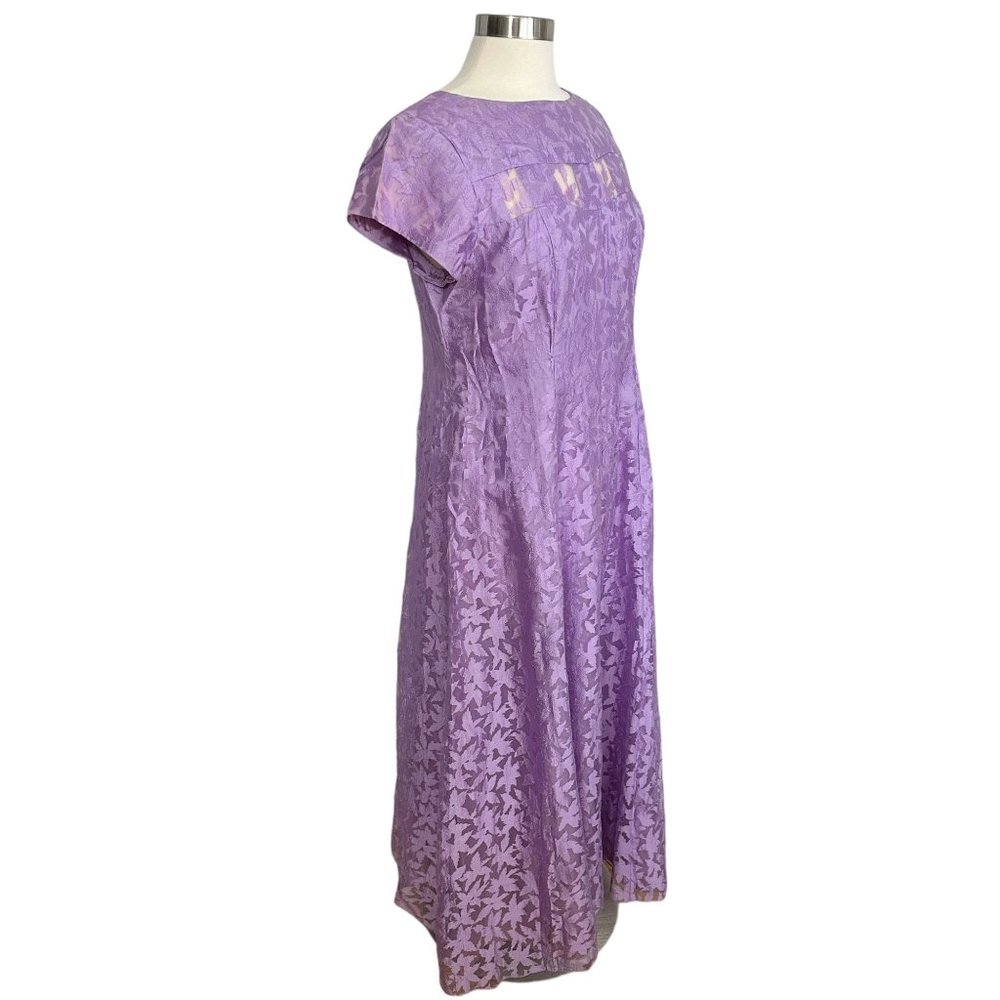 Vtg 1970s Large Lilac Purple Sheer Floral Chiffon Modest Short Sleeve Prom Dress - Picture 4 of 15